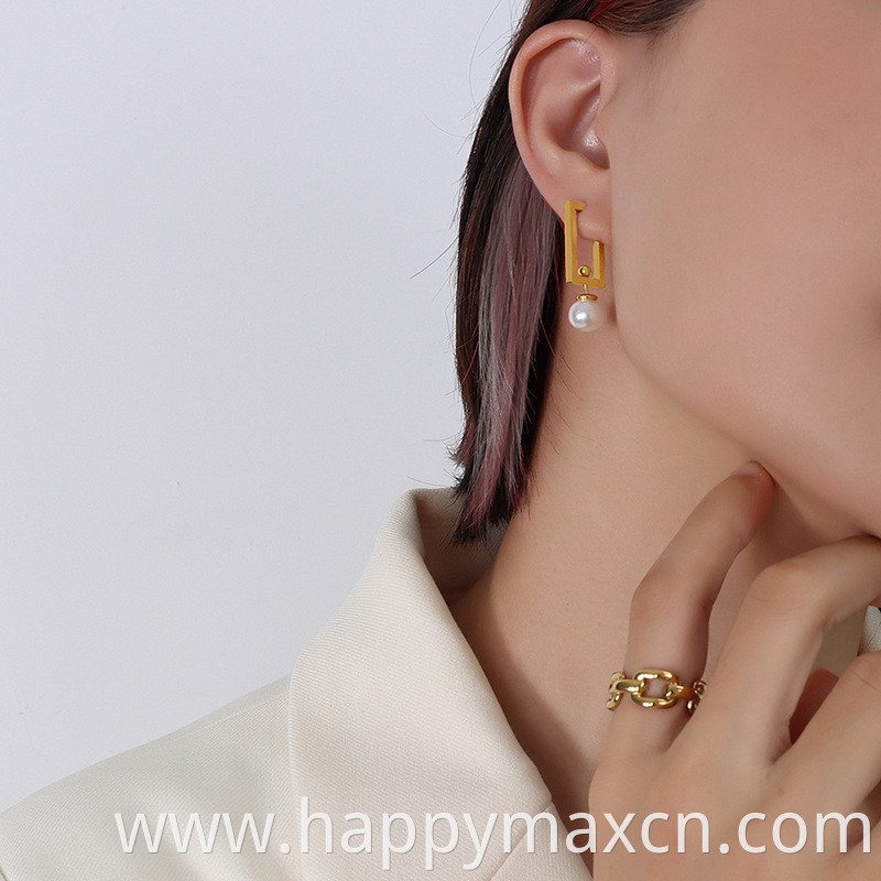 Trendy Stainless Steel 18k Gold Plated Earrings Rectangle Shape Jewelry Hoop Earrings With Pearl